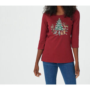 Quacker Factory - Holiday Forrest Animal Embroider 3/4 Sleeve Crew Neck Top